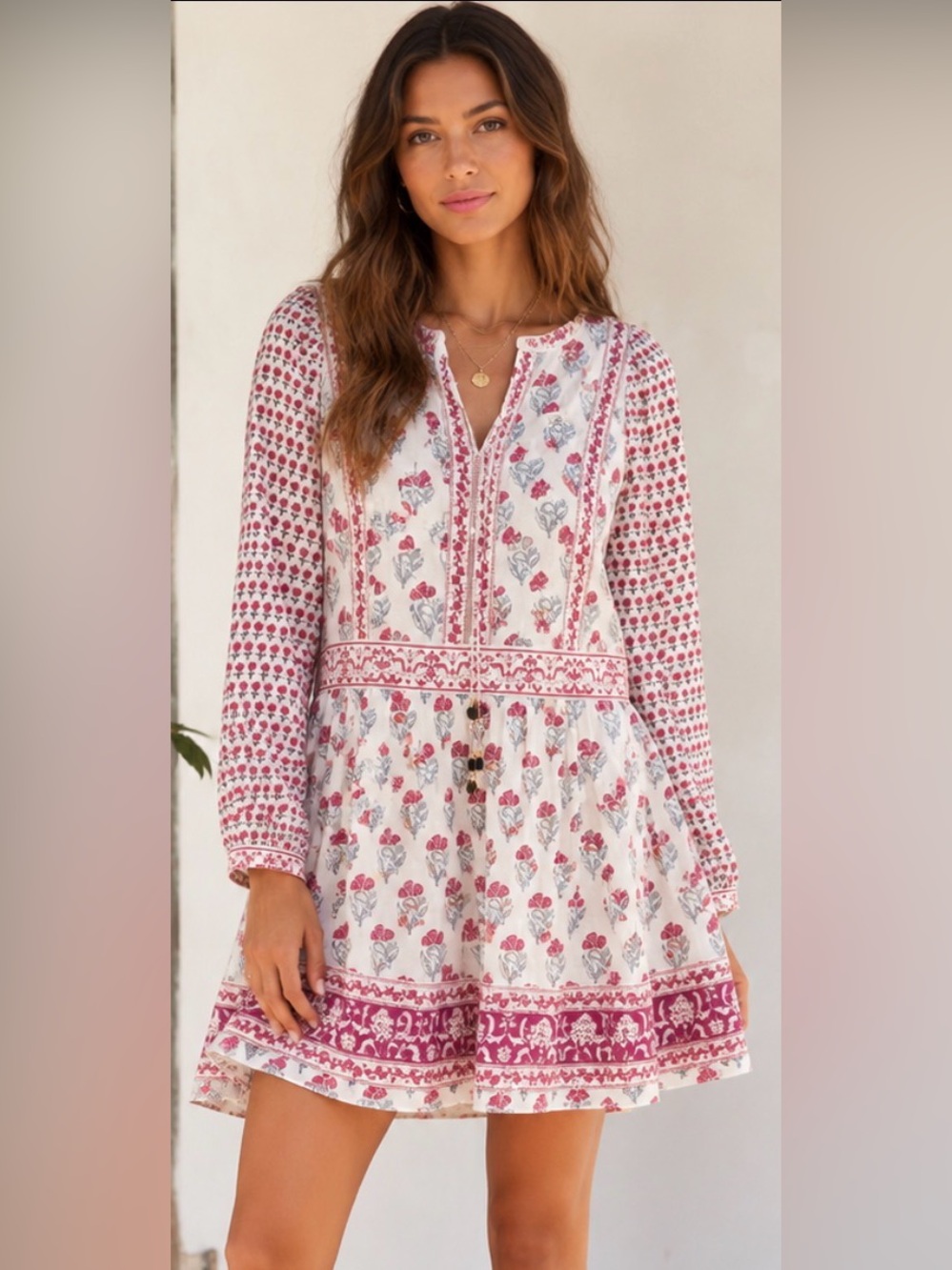 Haute Hippie boho Floral Print Long-Sleeve Mini Dress - Size Small